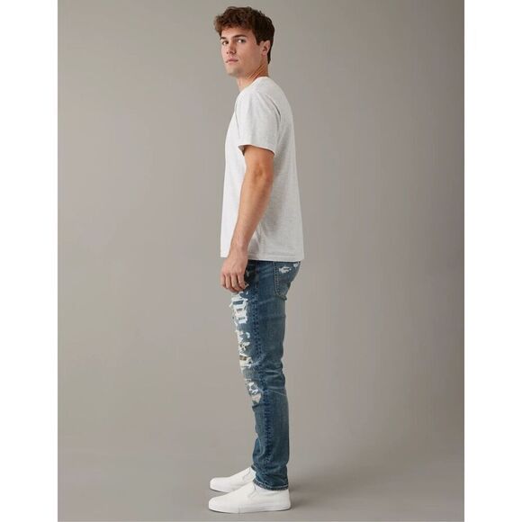 American Eagle Men's 30x30 Airflex Jeans Stretch Slim Slashed Distressed Grunge - Picture 3 of 12